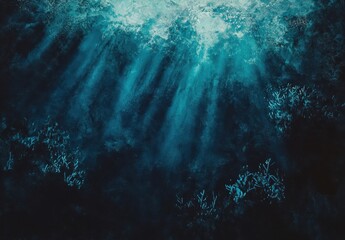 Obraz premium Ethereal Underwater Scene with Sunlight Rays Illuminating Coral Reef and Soft Ocean Floor in Shades of Blue and Green