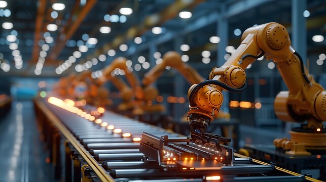 "Modern Industrial Setting with Robotic Arms &ndash; Advanced Manufacturing and Assembly Processes in a Well-Lit Production Facility"