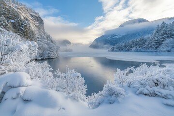 Fototapeta premium Frozen lake nestled in snow-covered mountains, frost on branches. Perfect for winter, nature, and serenity themes, evokes peace and tranquility.