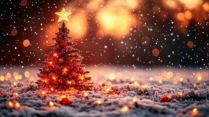 Naklejka premium Small Christmas tree with warm lights in snowy landscape.