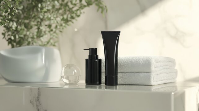 A sleek, black cosmetic tube, adorned with minimalist elegance, rested majestically on a pristine, glass-topped shelf, its natural accents adding a touch of sophistication to the bathroom is tranquil