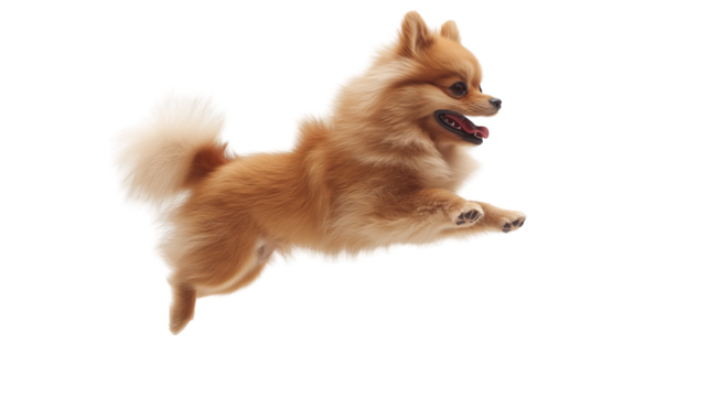 Spitz dog jumps in a playful side view against a white background showcasing its lively nature and agility