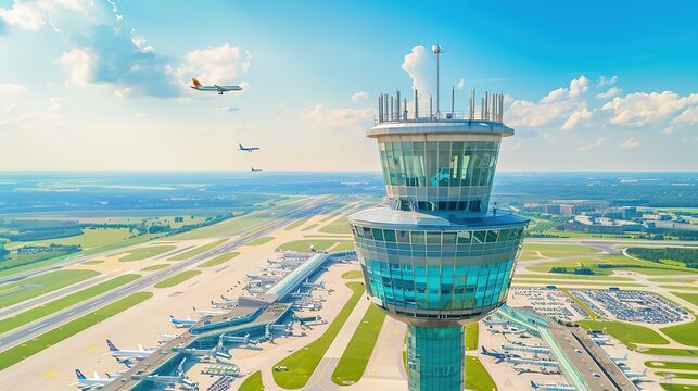 Aerial view of a modern air traffic control tower with airplanes taking off and landing on surrounding runways, showcasing aviation infrastructure and air transportation concepts.