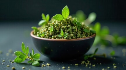 A Bowl of Vibrant Green Herb-Infused Granules with Fresh Sprouts, a Close-Up Culinary Image Featuring Delicate Greenery and a Dark Background
