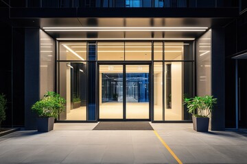 Fototapeta premium Modern building entrance at night. (1)