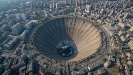 Fototapeta premium Aerial View of a Vast Circular Concrete Structure Surrounded by Urban Landscape in Daylight