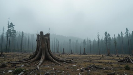 Barren Forest Landscape with Tree Stumps Shrouded in Fog and Misty Atmosphere