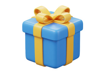 3D illustration of a glossy blue gift box wrapped with a bright yellow ribbon tied into a bow