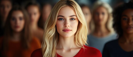 Fototapeta premium Portrait of a confident blonde Caucasian woman in her 20s, standing in front of a diverse group of women, showcasing unity and female empowerment