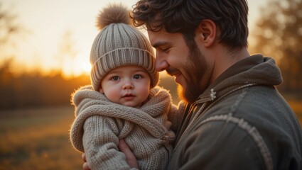 Obraz premium Father Holding Baby in Cozy Sweater at Sunset in a Natural Outdoor Setting