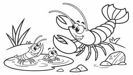 Vector Childrens cartoon family of crayfish on the bottom of the pond. Vector illustration of a coloring book., Line Art isolated on white background