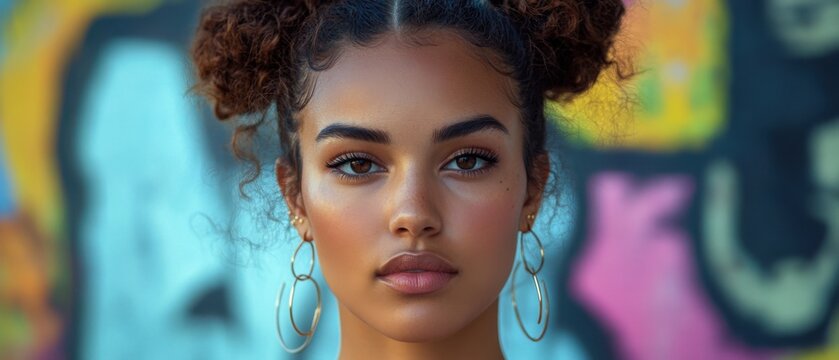 Closeup portrait of a beautiful biracial young woman with curly hair and gold hoop earrings, posing outdoors against a colorful graffiti wall