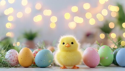 Colorful Easter eggs and a fluffy chick, vibrant.