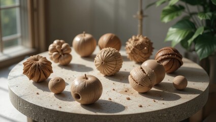 Artistic Arrangement of Handmade Wooden Sculptures on a Natural Stone Table with Soft Lighting