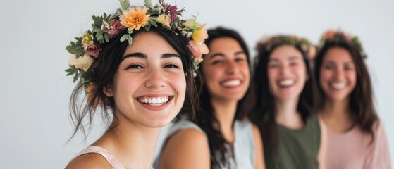 Fototapeta premium Group of four smiling young adult Caucasian women wearing flower crowns indoors, celebrating friendship and bohemian style in a bright and cheerful atmosphere