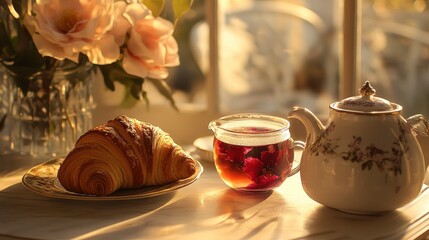 A cozy nook, adorned with a floral centerpiece of vibrant hibiscus tea and a flaky croissant, promising a perfect start to the day, bathed in golden sunlight.