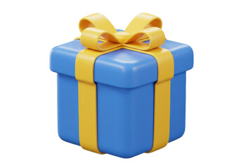 3D illustration of a glossy blue gift box wrapped with a bright yellow ribbon tied into a bow
