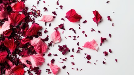 A vibrant hibiscus tea mockup unfolds against a minimalist, off-white backdrop, featuring loose, delicate petals scattered like a floral confetti, evoking a sense of tranquility and natural beauty.