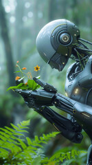 Futuristic robot gently holding flowers in a serene forest setting