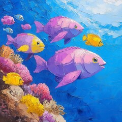 Naklejka premium Colorful Underwater Scene with Vibrant Fish and Coral Reef Life
