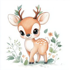 beautiful cute animal surrounded by plant elements. watercolor, pastel colors