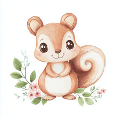 beautiful cute animal surrounded by plant elements. watercolor, pastel colors
