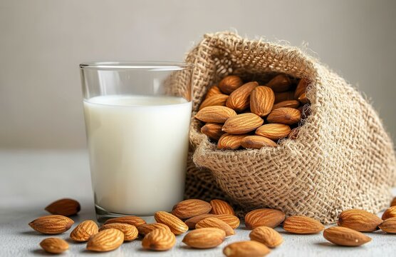 Fresh Almond Milk with Raw Almonds in a Jute Bag Next to a Glass on a Bright Green Background for Healthy Living and Nutrition Concepts