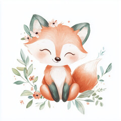 beautiful cute animal surrounded by plant elements. watercolor, pastel colors