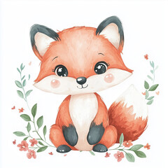 beautiful cute animal surrounded by plant elements. watercolor, pastel colors