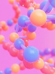 Vibrant colorful dna double helix with abstract molecular structure on pink background