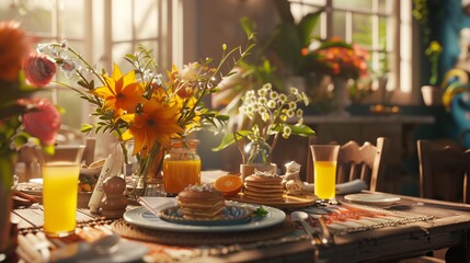 Fototapeta premium A heartwarming Mother's Day brunch, with a beautifully set table filled with fresh flowers, pancakes, and orange juice. A mother smiles as her children surprise her with a handmade card.