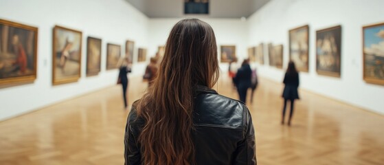 Obraz premium Young Caucasian woman admiring art in museum, exploring paintings and culture Back view of female visitor in leather jacket enjoying art gallery exhibition