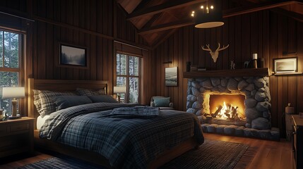 Cozy Cabin Bedroom with Fireplace and Wood Paneling Interior
