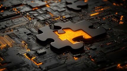 A futuristic digital scene with neon puzzle pieces interlocking represents API integration, focusing on the ease of connectivity and system interoperability