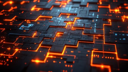 Fototapeta premium Interconnected digital puzzle pieces suspended above a lively, tech-based backdrop with illuminated circuits, depicting the idea of API interoperability