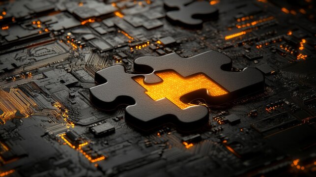 A futuristic digital scene with neon puzzle pieces interlocking represents API integration, focusing on the ease of connectivity and system interoperability