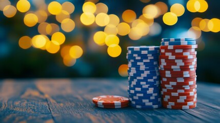 A roulette table, lit by dazzling neon lights and adorned with high stacks of chips, captures the thrill and high stakes of the game