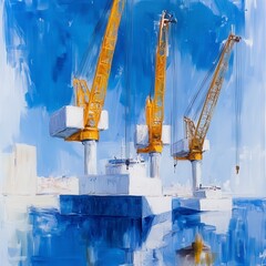 Vibrant Harbor Scene with Two Large Cranes and Reflection in Water
