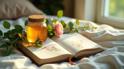 A sunlit jar of golden honey rests on an open book adorned with delicate floral illustrations, accompanied by a blooming rose branch, creating a serene and peaceful atmosphere.
