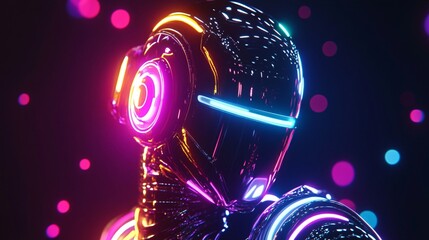 A neon robot with energy circuits pulsing in rainbow colors