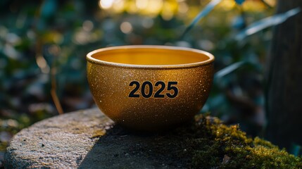 Surrounded by confetti and lights, a gold trophy with "2025" in bold letters signifies outstanding accomplishments and recognition for the year ahead