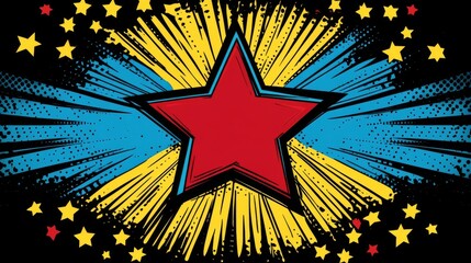 A vibrant retro comic book cover illustration showcasing a dynamic superhero logo, bold typography, and an abstract explosion background filled with stars and streaks