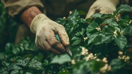 Obraz premium Carefully using pruning shears, hands work on grapevines, the tool glistening in the sunlight while shadows move across the fertile ground