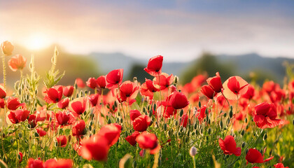 Naklejka premium Vibrant red poppies blooming in field. Soft blurred background. Vibrant floral meadow landscape