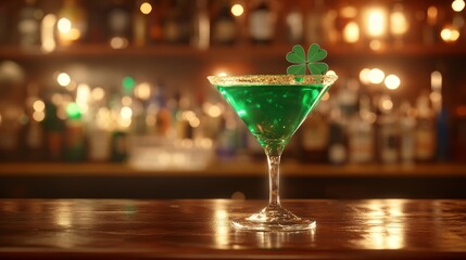 A dazzling green cocktail, featuring lime and shamrock, sits on a spirited bar counter, flanked by clover decorations and golden highlights, enhancing the Saint Patrick's Day celebration