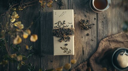 A cozy mockup of a herbal tea box, its rustic packaging adorned with natural elements such as dried leaves and twigs, nestled on a weathered wooden table, inviting the viewer into a world of tranquil