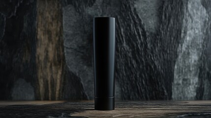 A sleek, dark matte cosmetic tube, its form a testament to minimalist elegance, rested majestically on a polished wooden surface, its dark hue exuding an air of sophistication and exclusivity.
