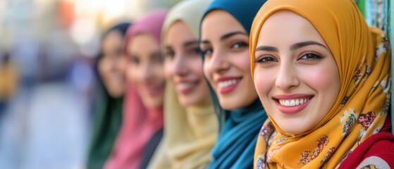 Group of Smiling Middle Eastern Women Wearing Colorful Hijabs Outdoors, showcasing diversity, friendship, and modern muslim fashion