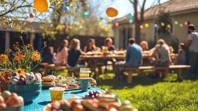Kids and adults enjoying an Easter party with games, egg hunts, and festive treats