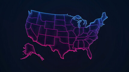 Obraz premium A vibrant, neon-styled map of the United States with Alaska, showcasing an abstract digital representation of geographic boundaries.